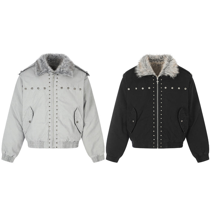 Front view of light gray and black padded bomber jackets with faux fur collars and stud detailing