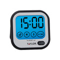 Super-Loud touchscreen digital timer with a blue display and circular control buttons.