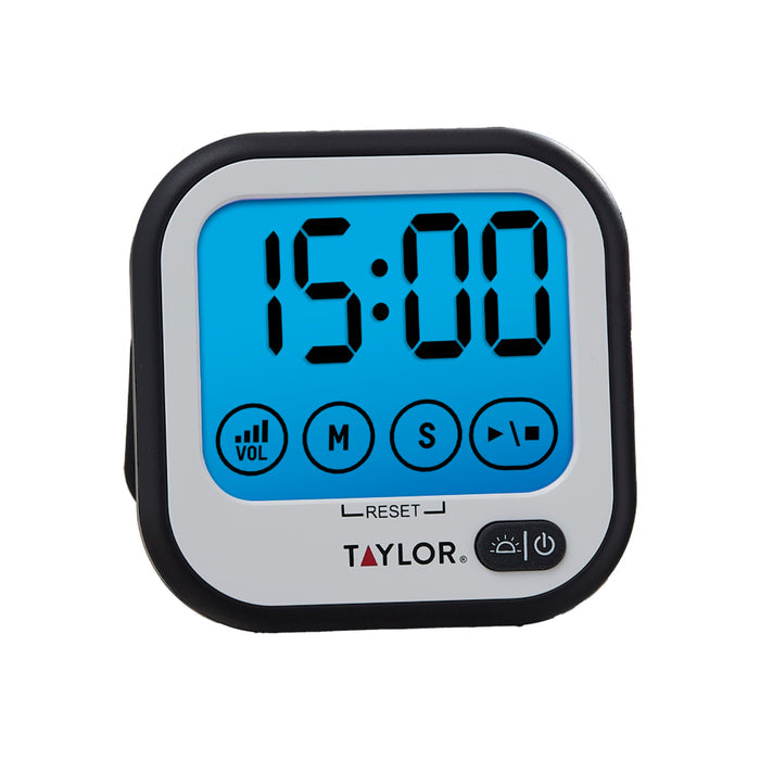 Super-Loud touchscreen digital timer with a blue display and circular control buttons.