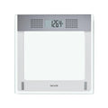 Taylor digital bathroom scale with clear glass top and brushed metal control panel displaying weight