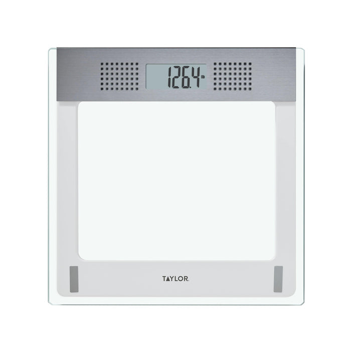 Taylor digital bathroom scale with clear glass top and brushed metal control panel displaying weight
