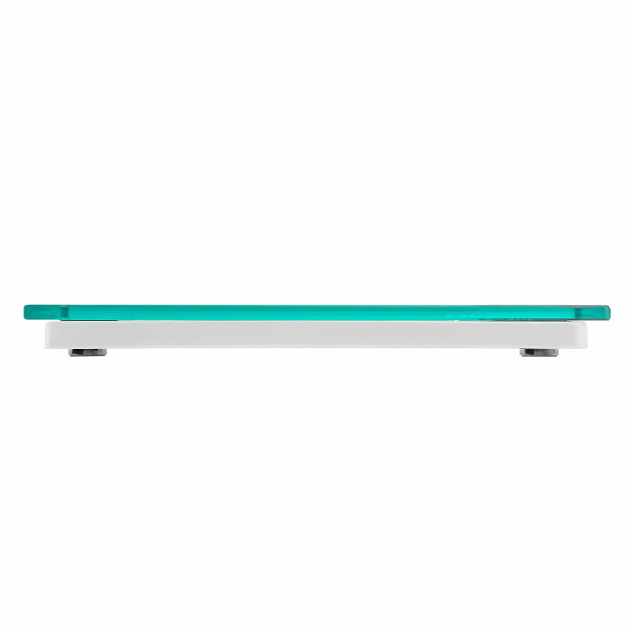 Side view of Taylor digital bathroom scale showing teal edge and glass top