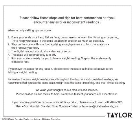 Taylor digital bathroom scale with clear glass top and setup instructions printed on the display
