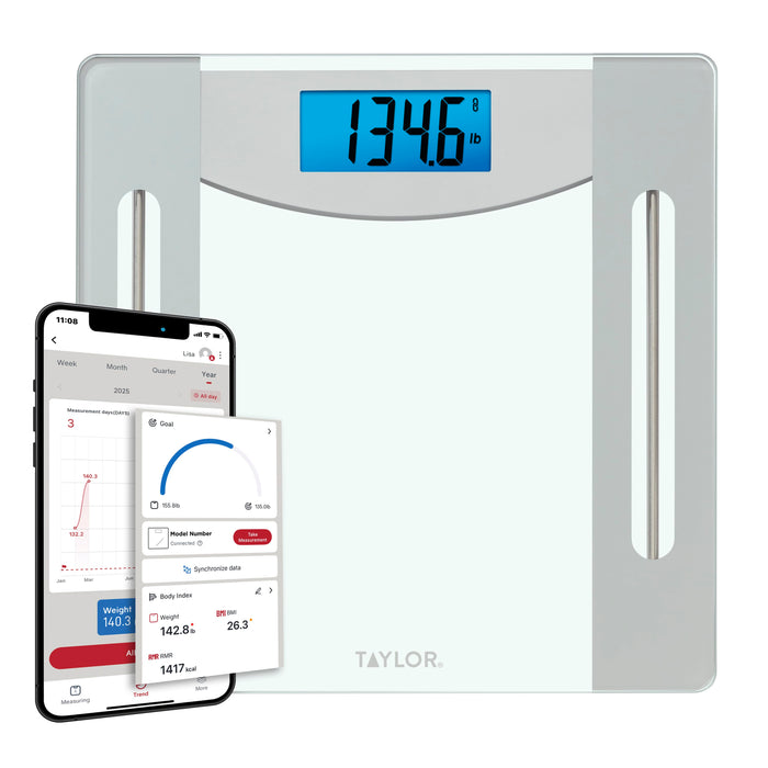 Taylor smart weight tracking scale with a blue backlit display and a phone showing the Precision Hub app
