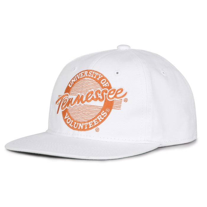 Tennessee Retro Circle snapback hat in white, angled view