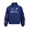Front view of a navy blue stand-collar track jacket with white script, music note, and striped sleeve graphics