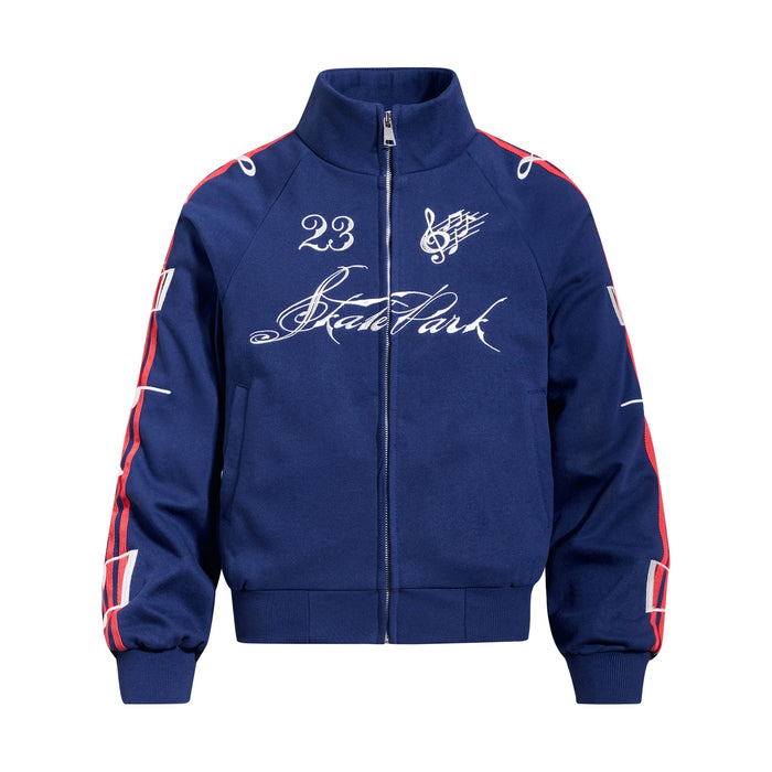 Front view of a navy blue stand-collar track jacket with white script, music note, and striped sleeve graphics