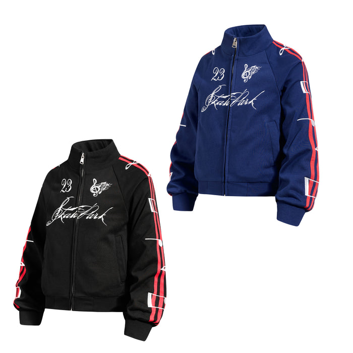 Black and navy blue track jackets shown in angled front views with matching script and music note graphics