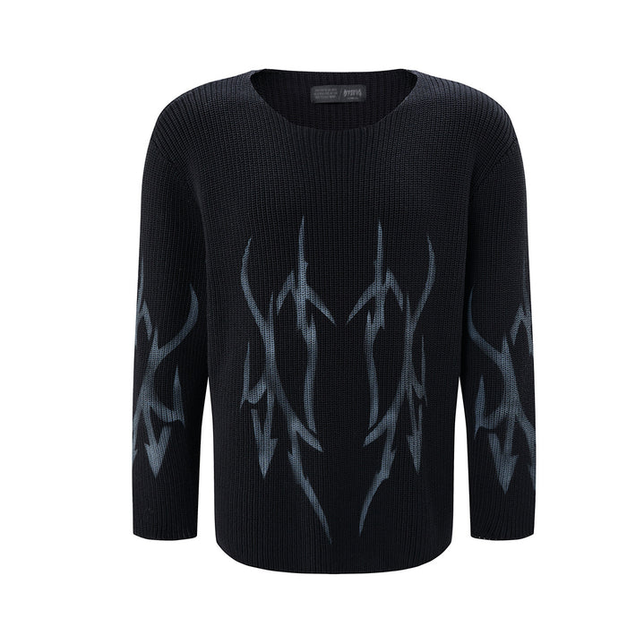 Black chunky knit crew neck sweater with dark grey tribal flame jacquard pattern on front and back, oversized streetwear fit