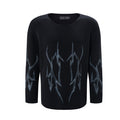 Black chunky knit crew neck sweater with dark grey tribal flame jacquard pattern on front and back, oversized streetwear fit