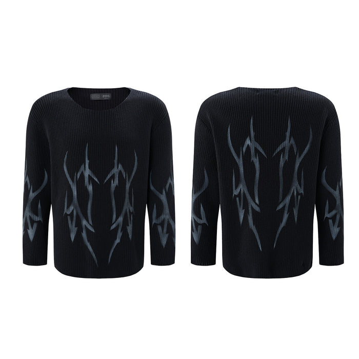 Black knit crew neck sweater shown from front and back with gray tribal flame graphics on the body and sleeves