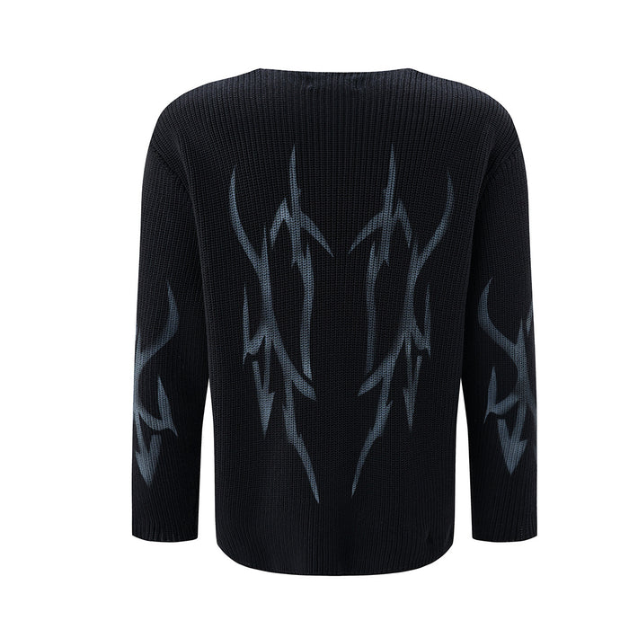 Back view of a black knit crew neck sweater with a large gray tribal flame graphic and matching sleeve details