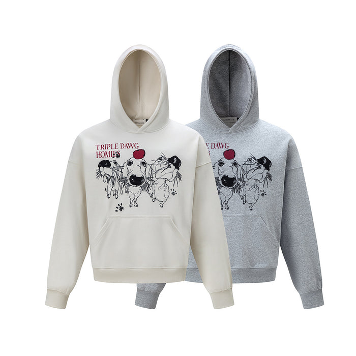 Cream and gray oversized graphic hoodies shown together from the front with dog artwork and kangaroo pockets