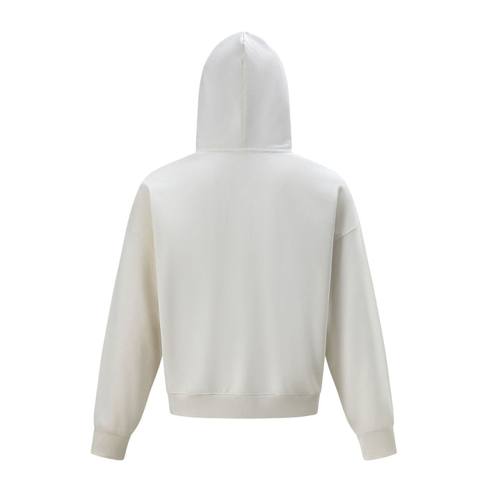 Cream oversized hoodie shown from the back with a plain design, hood, ribbed hem, and cuffs