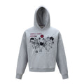 Gray oversized pullover hoodie front with illustrated dogs, red lettering, hood, and kangaroo pocket