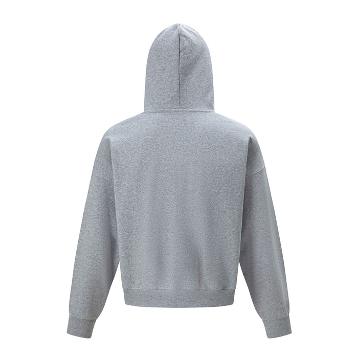 Gray oversized hoodie shown from the back with a plain design, hood, ribbed hem, and cuffs