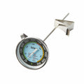 TruTemp Deep Fry Thermometer close up with blue dial and stainless steel probe and clip against a white background.