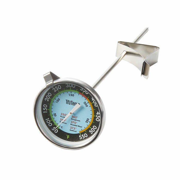 TruTemp Deep Fry Thermometer close up with blue dial and stainless steel probe and clip against a white background.
