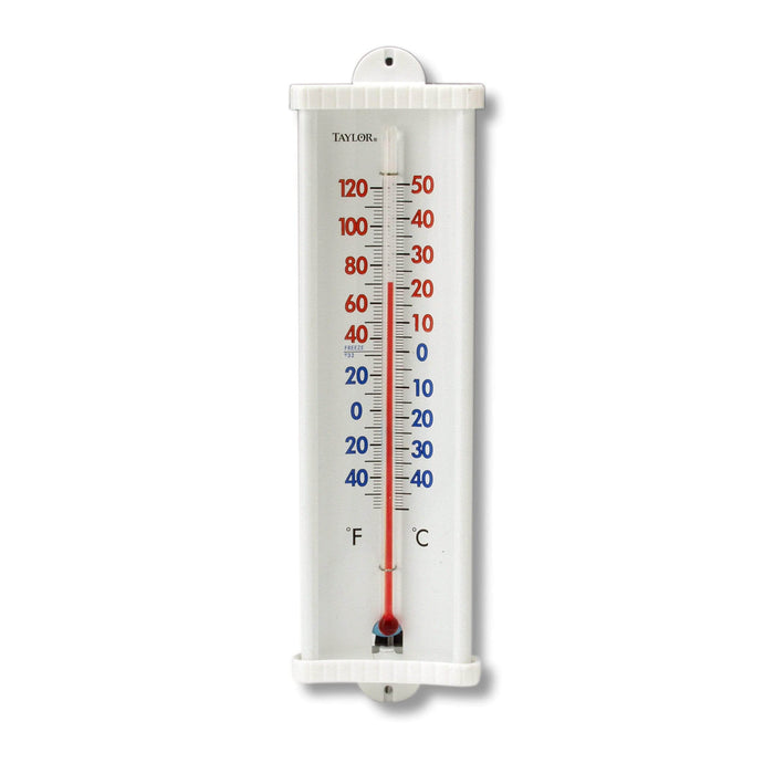 Vertical utility wall thermometer in white housing showing Fahrenheit and Celsius scales