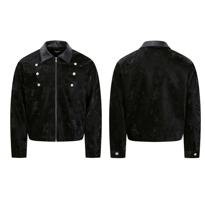 Black velvet Detroit jacket shown front and back with leather collar, silver military buttons, and front zipper