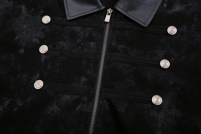 Close-up of the black velvet jacket front showing leather collar, silver military buttons, and metal zipper