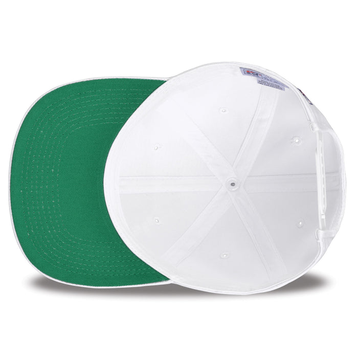 Virginia Retro Circle snapback hat in white, interior view showing the green undervisor