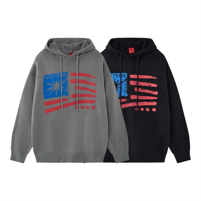 Gray and black knitted hoodies with blue and red distressed flag-style chest graphics