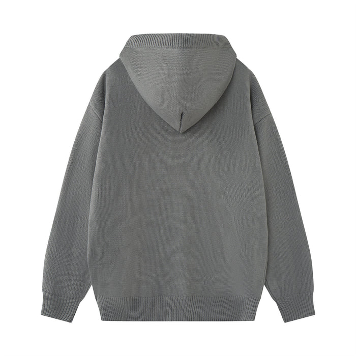 Back view of the gray knitted hoodie showing its plain body, hood, sleeves, and ribbed hem