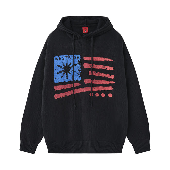 Black knitted hoodie with a blue and red distressed flag-style graphic across the front