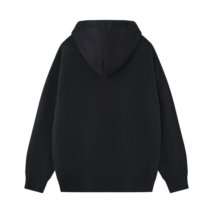 Back view of the black knitted hoodie showing its plain knit body and attached hood