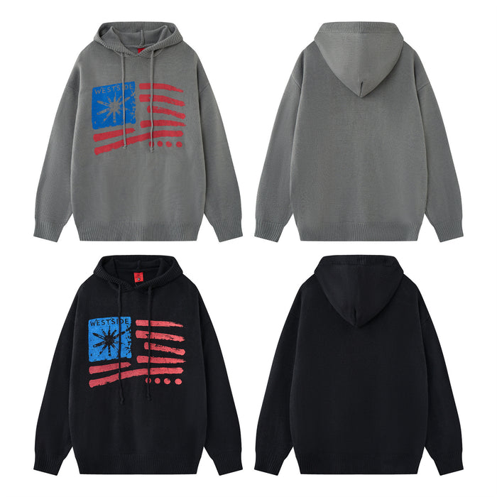 Four-view layout showing gray and black knitted hoodies from the front and back