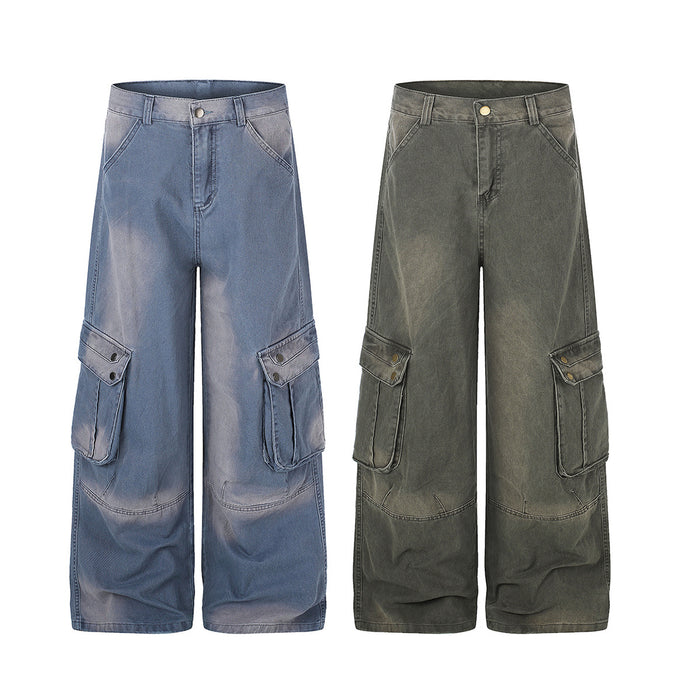 Wide-leg cargo jeans shown from the front in washed blue and olive denim with multiple utility pockets