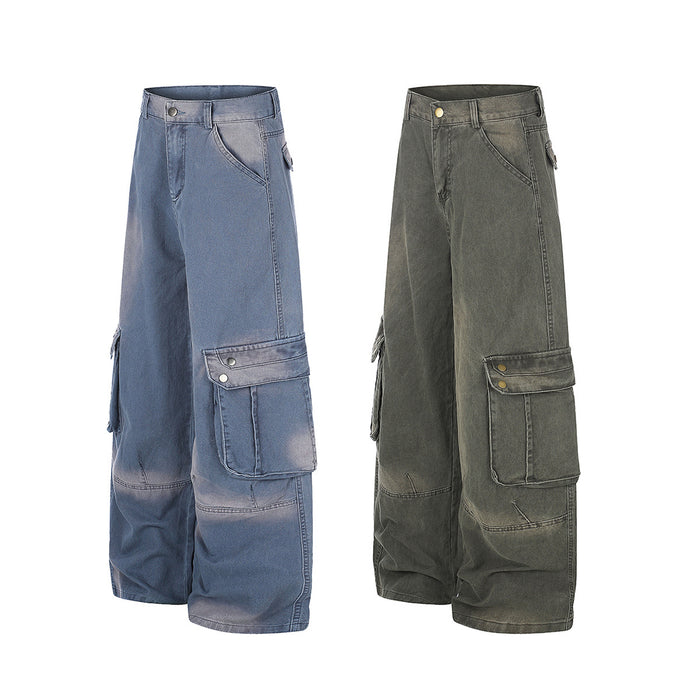 Blue and olive wide-leg cargo jeans shown in angled side views with oversized flap cargo pockets