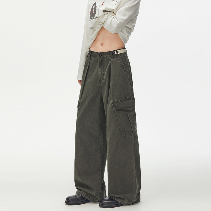 Army green pleated cargo trousers shown from a front three-quarter angle with layered side pockets and wide legs