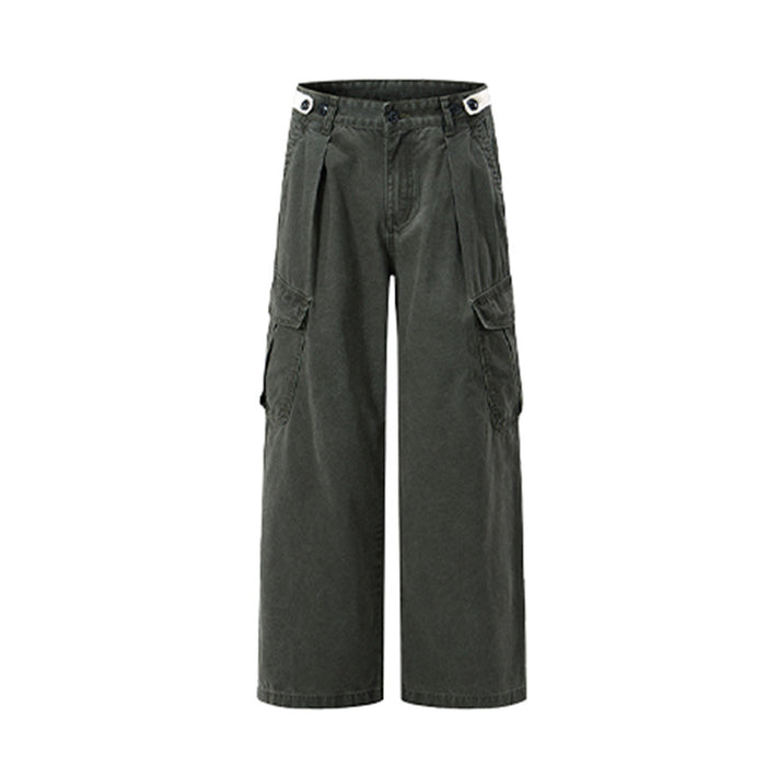 Army green cargo pants displayed flat from the front with pleated waist, multiple pockets, and wide straight legs