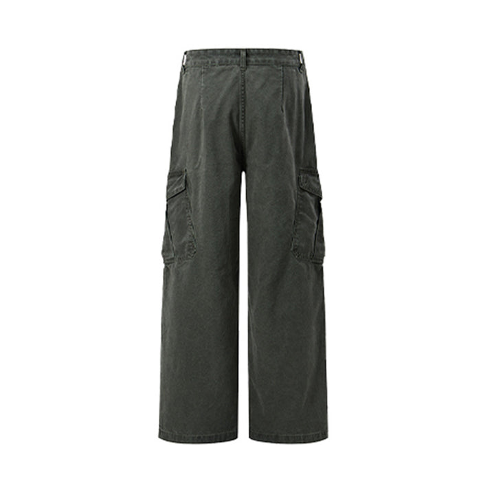 Army green cargo pants displayed flat from the back, showing rear seams, side cargo pockets, and wide legs