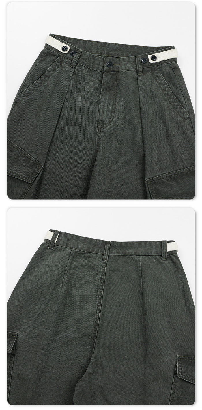 Close-up collage of the cargo pants front and back waistbands with pleats, belt loops, buttons, and pocket openings