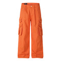 Orange wide-leg cargo pants with multiple utility pockets, front and back view