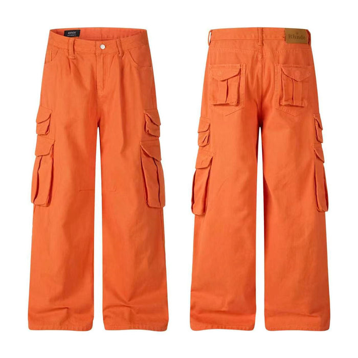 Orange wide-leg cargo pants shown in front and back views with multiple flap pockets and straight hems