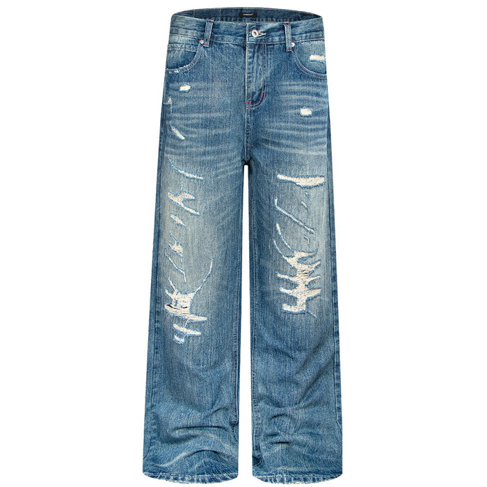 Men's wide-leg distressed washed blue baggy straight denim jeans with heavy rips and frayed patches, front and back view