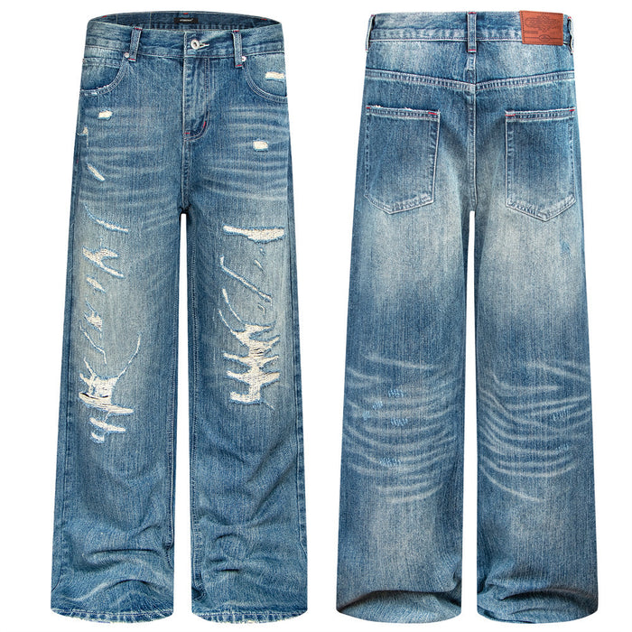 Wide-Leg Distressed Jeans – Men's Washed Blue Baggy Straight Denim