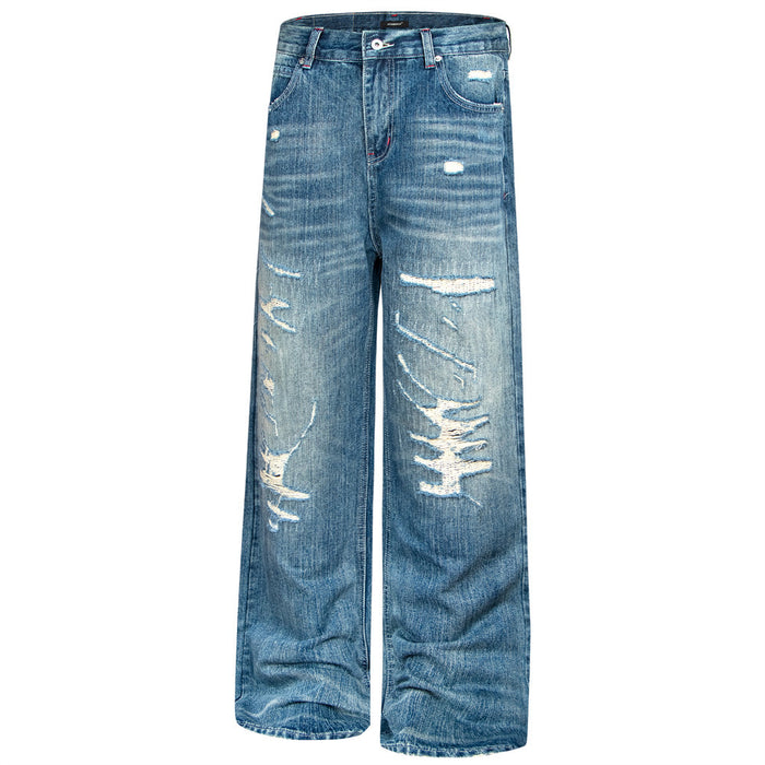 Wide-Leg Distressed Jeans – Men's Washed Blue Baggy Straight Denim