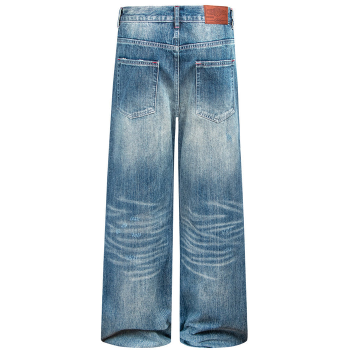 Wide-Leg Distressed Jeans – Men's Washed Blue Baggy Straight Denim