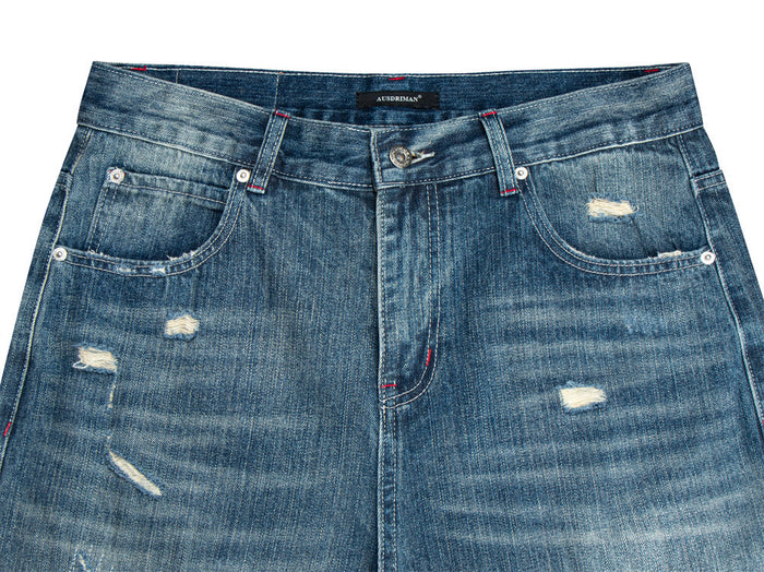 Wide-Leg Distressed Jeans – Men's Washed Blue Baggy Straight Denim