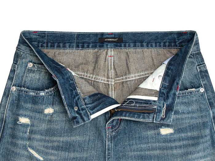 Wide-Leg Distressed Jeans – Men's Washed Blue Baggy Straight Denim