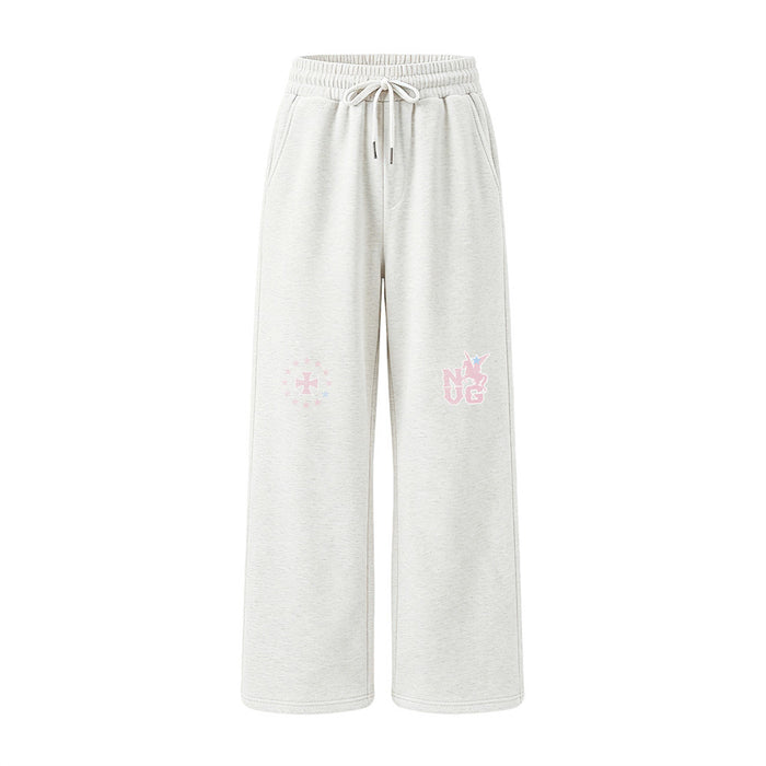 Men's wide-leg graphic sweatpants in light heather grey with cross-star and letter mascot prints on front legs