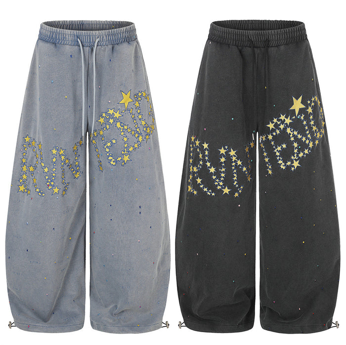 Wide-Leg Star Embroidery Sweatpants – Acid-Washed Baggy Streetwear Pants