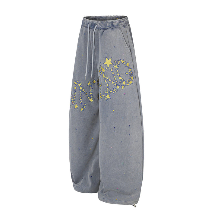 Wide-Leg Star Embroidery Sweatpants – Acid-Washed Baggy Streetwear Pants