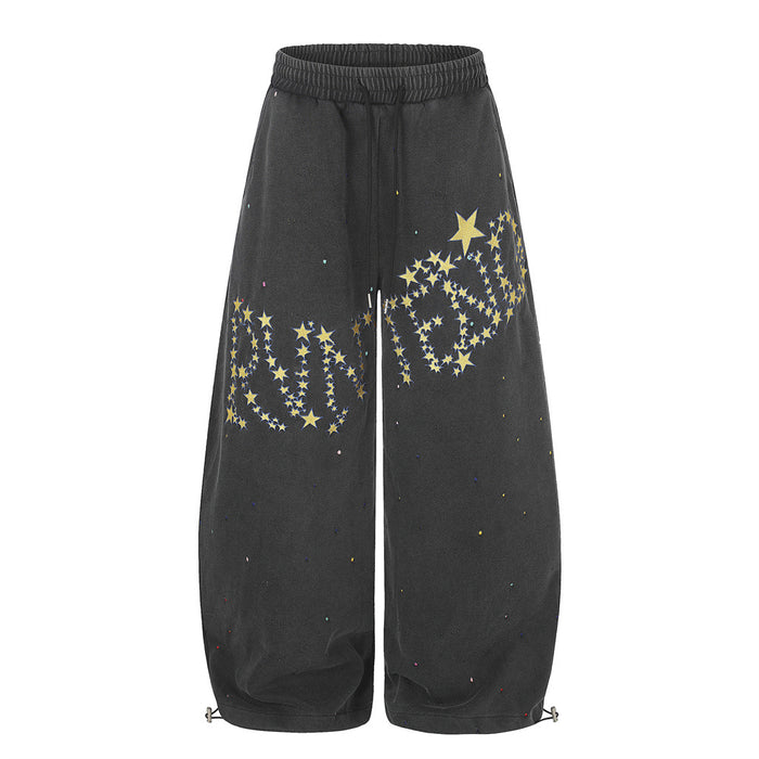 Wide-Leg Star Embroidery Sweatpants – Acid-Washed Baggy Streetwear Pants