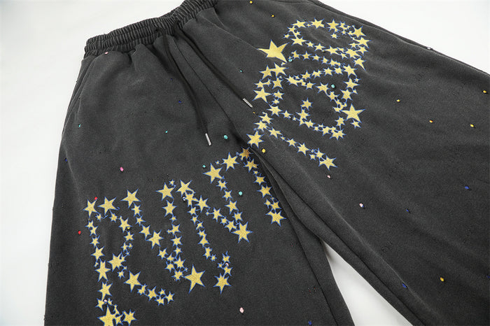Wide-Leg Star Embroidery Sweatpants – Acid-Washed Baggy Streetwear Pants